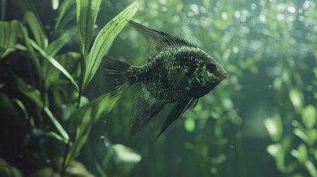 A serene aquarium scene featuring a vibrant fish gracefully swimming among lush green aquatic plants, showcasing the beauty of underwater life.の素材