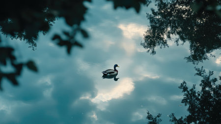 A tranquil scene featuring a duck gracefully swimming on calm waters, perfectly mirroring the cloudy sky above. The image captures the beauty of nature and serenity.の素材