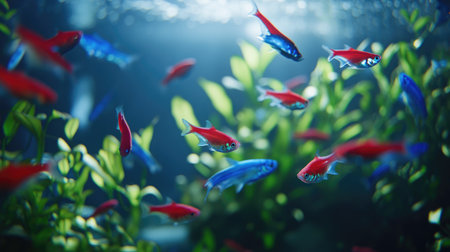 A vibrant underwater scene featuring colorful fish in various shades of blue and red, swimming among lush green plants in a clear aquarium setting.の素材