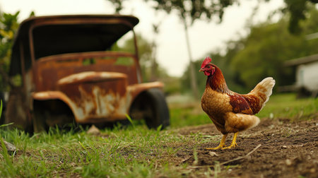 A charming farm scene featuring a hen standing proudly on the ground with a vintage rusty vehicle in the background, capturing rustic tranquility and rural life.の素材