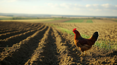 A brown chicken walks across freshly plowed farm fields, showcasing a serene rural landscape. The sun sets over the horizon, illuminating a tranquil scene of agriculture.の素材