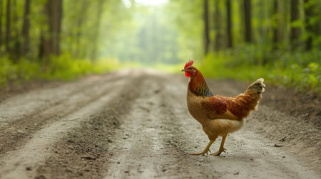 A serene scene featuring a chicken walking along a calm dirt path in a lush forest. The vibrant greenery and soft light create a peaceful outdoor atmosphere.の素材