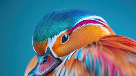 This captivating portrait features a mandarin duck showcasing its vivid and vibrant plumage. The intricate details and stunning colors highlight the beauty of this exotic waterfowl in a serene setting.の素材