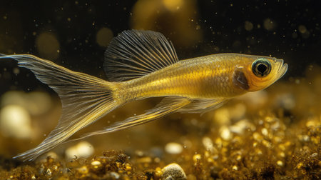 A stunning golden fish gracefully swims through a clear aquatic environment, showcasing its vibrant scales and delicate fins, highlighting the beauty of underwater life.の素材