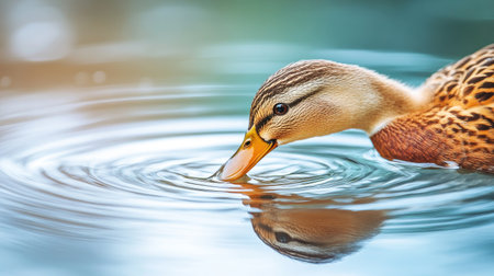 A beautiful close-up image of a duck gliding on the water surface, creating gentle ripples. The serene atmosphere highlights the duck's feathers and reflections.の素材