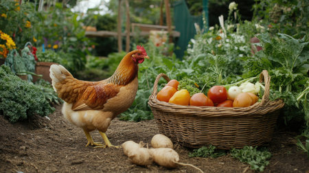 A brown chicken strolls through a vibrant organic garden filled with fresh vegetables. A basket of ripe tomatoes and turnips sits nearby, showcasing nature's bounty.の素材