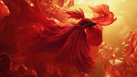 A stunning image of a red fish gracefully swimming through an ethereal underwater scene, showcasing vibrant colors and fluid movement, embodying aquatic beauty.の素材