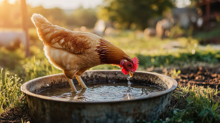 A serene scene of a chicken drinking water from a metal bowl during sunset. The warm sunlight creates a peaceful rural atmosphere, highlighting the beauty of farm life.の素材