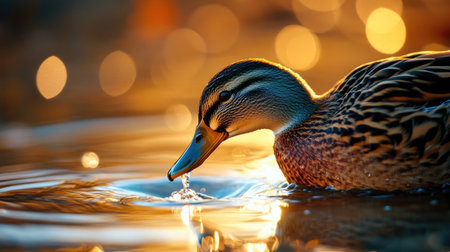 A stunning close-up of a duck enjoying a drink from the water, highlighted by beautiful bokeh effects. The soft sunlight illuminates its feathers, creating a tranquil atmosphere.の素材