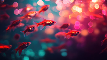 Explore the enchanting world of vibrant red fish swimming gracefully in an underwater habitat filled with colorful light and shimmering bubbles.の素材