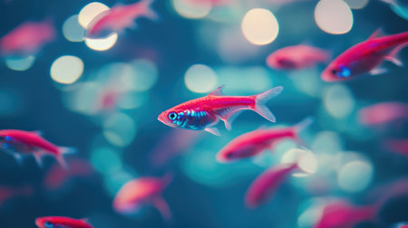 Captivating image of bright red fish gliding through clear water. The bokeh effect adds a dreamy quality to this serene underwater scene, showcasing marine life.の素材