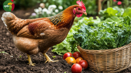 A brown hen strolls through a vibrant garden filled with fresh vegetables and bright tomatoes, showcasing farm life and the beauty of natureの素材