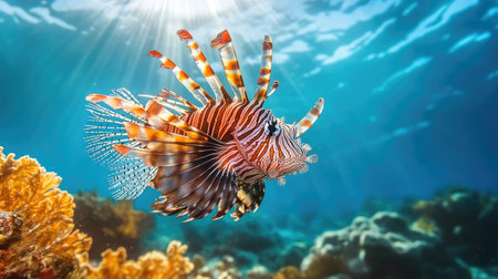 A stunning lionfish glides through a vibrant coral reef, showcasing its unique fins and colorful patterns. The sun illuminates the underwater scene, creating a tranquil atmosphere.の素材