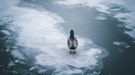 A solitary duck stands on a patch of ice in a peaceful winter scene, reflecting on the still waters. The juxtaposition of the bird against the icy backdrop evokes feelings of tranquility.の素材