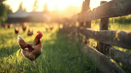A beautiful scene featuring a chicken walking in a green field at sunrise, with a wooden fence in the background. The image captures the essence of rural life.の素材