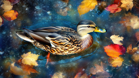 A stunning duck gracefully glides over calm water, surrounded by vibrant autumn leaves. The reflection creates a serene atmosphere, showcasing nature's beauty.の素材