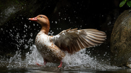 A stunning duck splashes water energetically while showing its wings in a natural habitat. This captivating moment captures the beauty and grace of wildlife.の素材