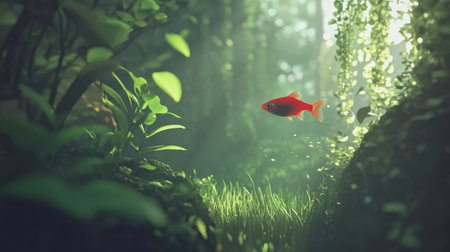 A vibrant red fish gracefully swims through a lush green underwater jungle, surrounded by rich foliage and dappled sunlight, creating a serene aquatic habitat.の素材