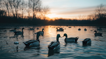 A tranquil scene captures ducks swimming gracefully on a calm lake during sunset. The serene atmosphere reflects the beauty of nature as day transitions to night.の素材
