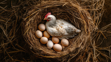 A serene hen is seen resting in a cozy nest filled with various eggs, surrounded by straw. This captivating scene captures the essence of farm life and animal motherhood.の素材