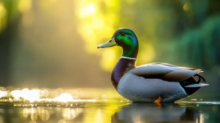 A stunning male duck gracefully swims in a sunlit pond, showcasing vibrant plumage and reflecting on the calm water. The serene nature scene captures the essence of tranquility and wildlife beauty.の素材