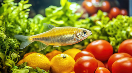 A vibrant fish gracefully swims amidst a colorful arrangement of fruits and vegetables, highlighting freshness and natural foodie appeal in a market setting.の素材