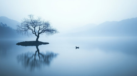 A tranquil landscape featuring a lone tree on an island surrounded by misty waters. The scene captures the serene beauty of nature at dawn, evoking feelings of peace.の素材