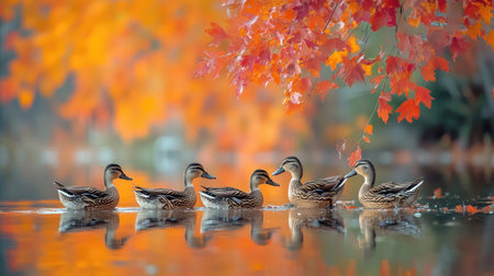 A picturesque autumn scene features ducks gliding gently across a calm pond, surrounded by vivid orange leaves, creating a serene natural habitat.の素材