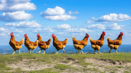 A captivating scene featuring seven chickens walking along a grassy ridge under a bright blue sky dotted with fluffy clouds. Perfect for agricultural themes.の素材