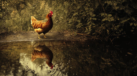 A beautiful chicken stands beside a tranquil pond, creating a stunning reflection in the calm water. The scene captures the essence of rural life and natural beauty.の素材