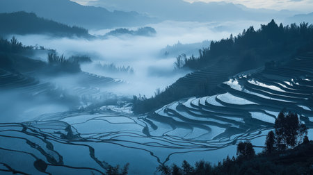 Beautiful rice terraces are surrounded by misty mountains in a tranquil dawn setting. The blue hue creates a serene atmosphere, perfect for nature lovers.の素材