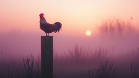 A majestic rooster stands atop a wooden post during a serene sunrise, enveloped in gentle mist. The soft light casts a tranquil ambiance, highlighting the beauty of nature.の素材