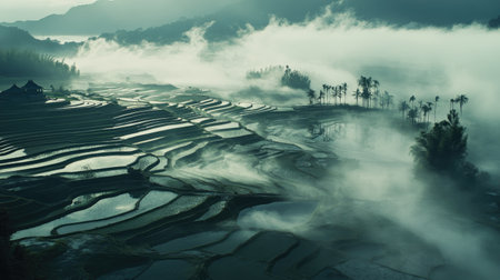 A breathtaking view of rice terraces enveloped in mist, showcasing lush green fields with reflective water surfaces. The tranquil landscape inspires peace and natural beauty.の素材