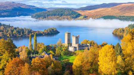 A stunning autumn scene showcasing a historic castle beside a tranquil lake, surrounded by vibrant foliage and misty mountains, perfect for travel and nature lovers.の素材