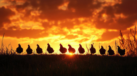 A stunning silhouette of birds against a vibrant and colorful sunset sky, capturing the tranquil beauty of nature in this serene outdoor scene.の素材