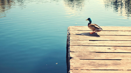 A solitary duck stands on a weathered wooden pier, gazing over calm blue water. The serene atmosphere captures the essence of nature and wildlife.の素材