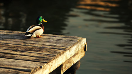 A male duck perches peacefully on a weathered wooden dock, gazing over tranquil waters. The soft sunset light highlights its vibrant plumage, creating a serene atmosphere.の素材
