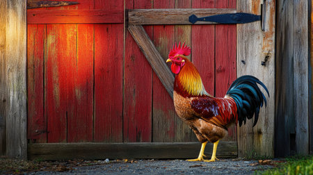 A vibrant and colorful rooster stands proudly by a rustic red barn door, showcasing its beautiful feathers in the warm morning light. Perfect for farm-themed designs.の素材
