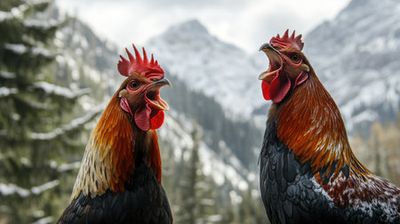 Two vibrant roosters crow loudly in front of a stunning mountain landscape. Snow-capped peaks and lush greenery create an idyllic natural scene.の素材