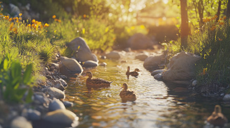 A tranquil scene of ducks swimming in a sunlit stream surrounded by vibrant greenery and colorful flowers. Perfect for nature lovers and wildlife enthusiasts.の素材