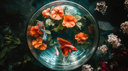 Beautiful round aquarium featuring vibrant fish and orange flowers. This serene composition captures the essence of nature, making it perfect for decor or aquatic enthusiasts.の素材