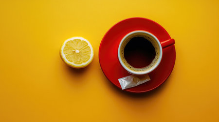 A vibrant coffee cup sitting on a red plate alongside a fresh lemon slice. This visually appealing arrangement against a bright yellow background creates a cheerful and inviting atmosphere.の素材