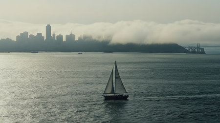 A serene view of a sailboat gliding on calm waters with a foggy city skyline in the background, evoking a sense of adventure and tranquility.の素材