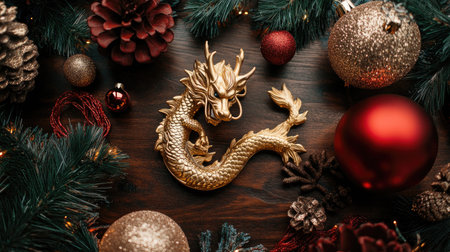 A stunning golden dragon ornament sits elegantly on a wooden table, surrounded by festive decorations like pine cones and shiny ornaments, perfect for holiday displays.の素材