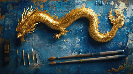 A stunning golden dragon sculpture rests on a textured blue surface, surrounded by art supplies, showcasing craftsmanship and creativity in this visually striking composition.の素材