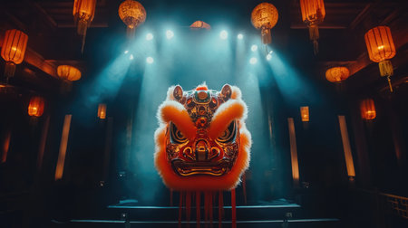 A vibrant lion dance performance captured in a traditional venue, showcasing the intricate costume and dramatic lighting, embodying cultural celebration.の素材