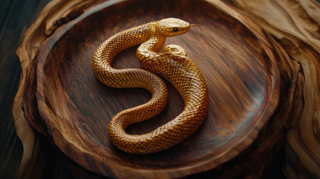 A stunning golden snake beautifully curled on a wooden plate, showcasing its vivid scales and natural habitat. Ideal for wildlife and nature themes.の素材
