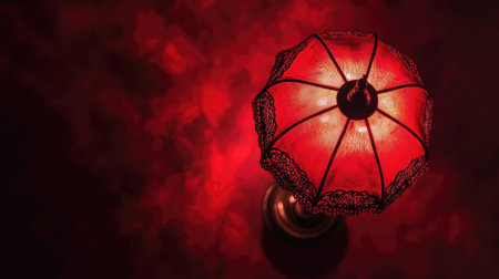A stunning vintage lamp with a delicate lace shade emits a warm red light, creating a cozy and inviting atmosphere in any room. Perfect for interior design inspiration.の素材