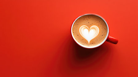 A beautifully crafted heart latte art sits in a red coffee cup on a vibrant red background, evoking warmth and coziness. Perfect for coffee lovers.の素材