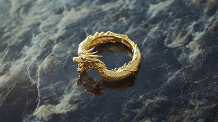 This captivating golden dragon ring features intricate design elements, resting elegantly on a dark marble surface. A perfect blend of fantasy and luxury.の素材